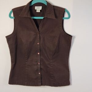 LOFT Dark Brown Sleeveless Button-Down Shirt
